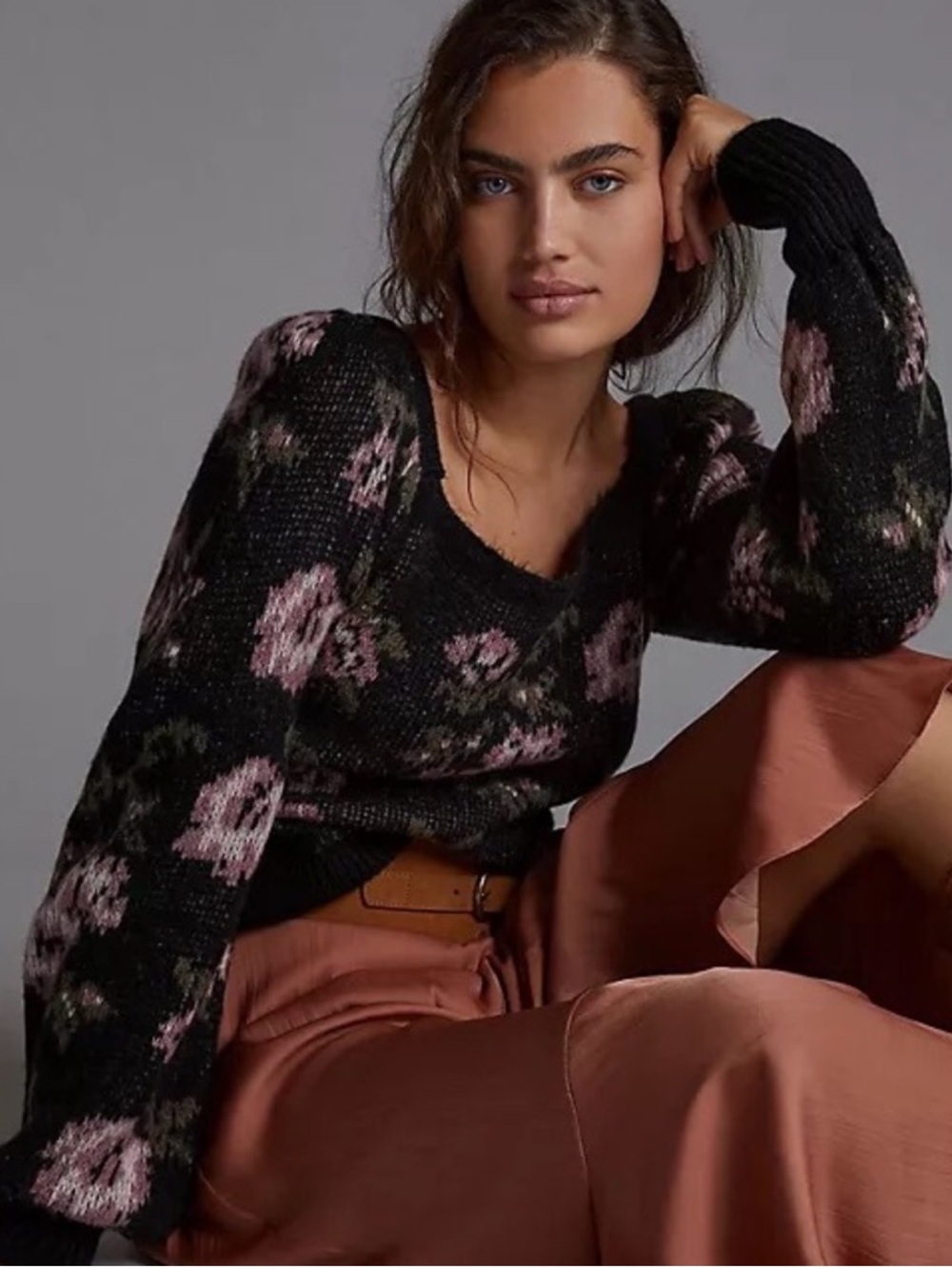 Anthropologie Black Floral Knit Sweater with Pink Accents